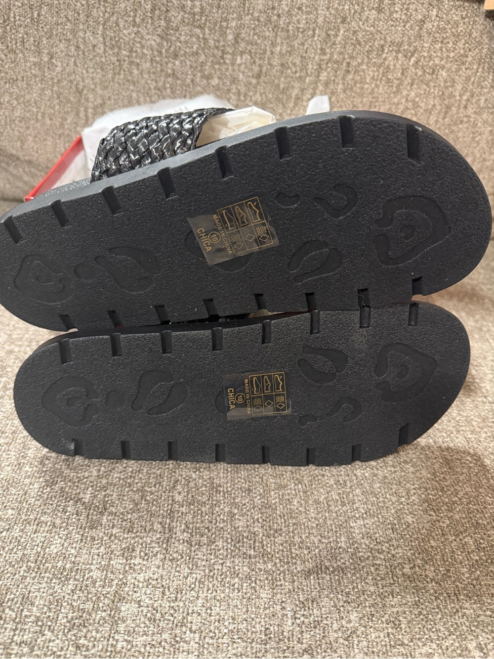 Black Braided Slide Sandals with Gold Accent - Picture 5 of 8